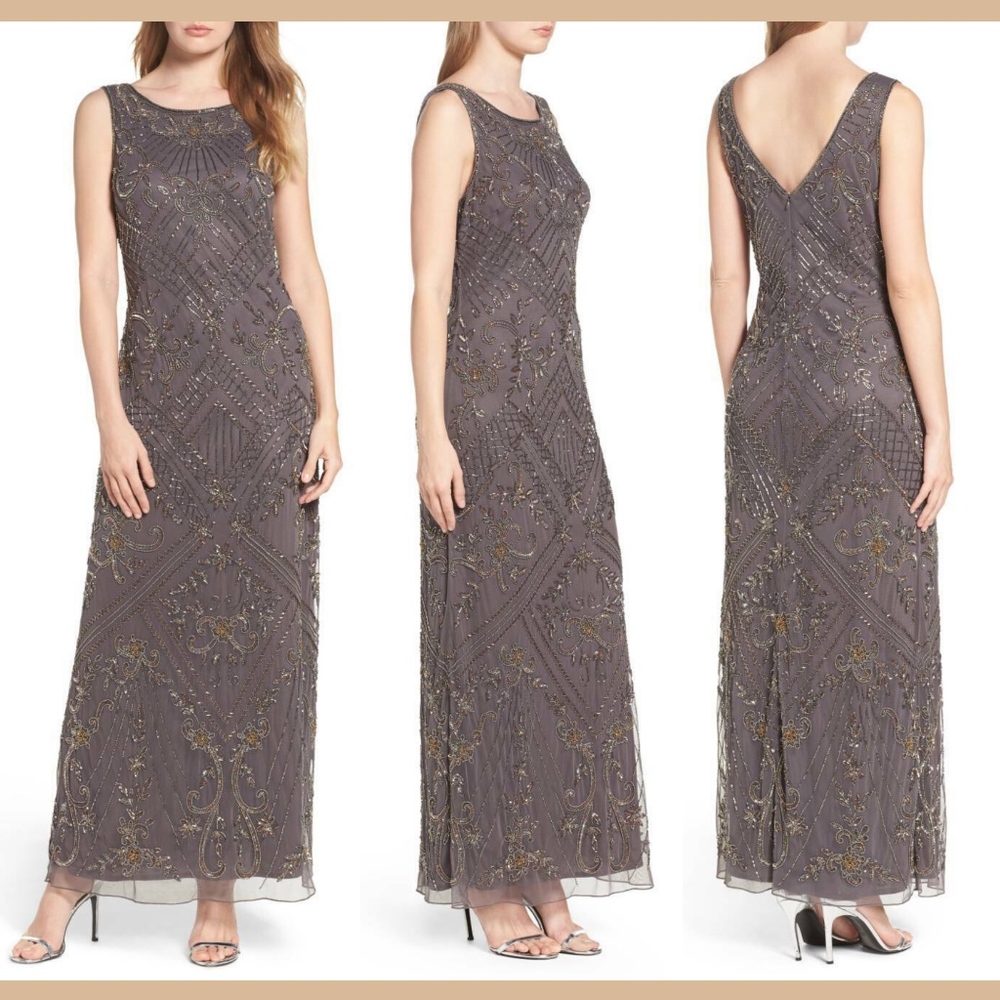 NEW $238‎ Pisarro Nights Embroidered Mesh Gown Ash-Gold [SZ 14 US]